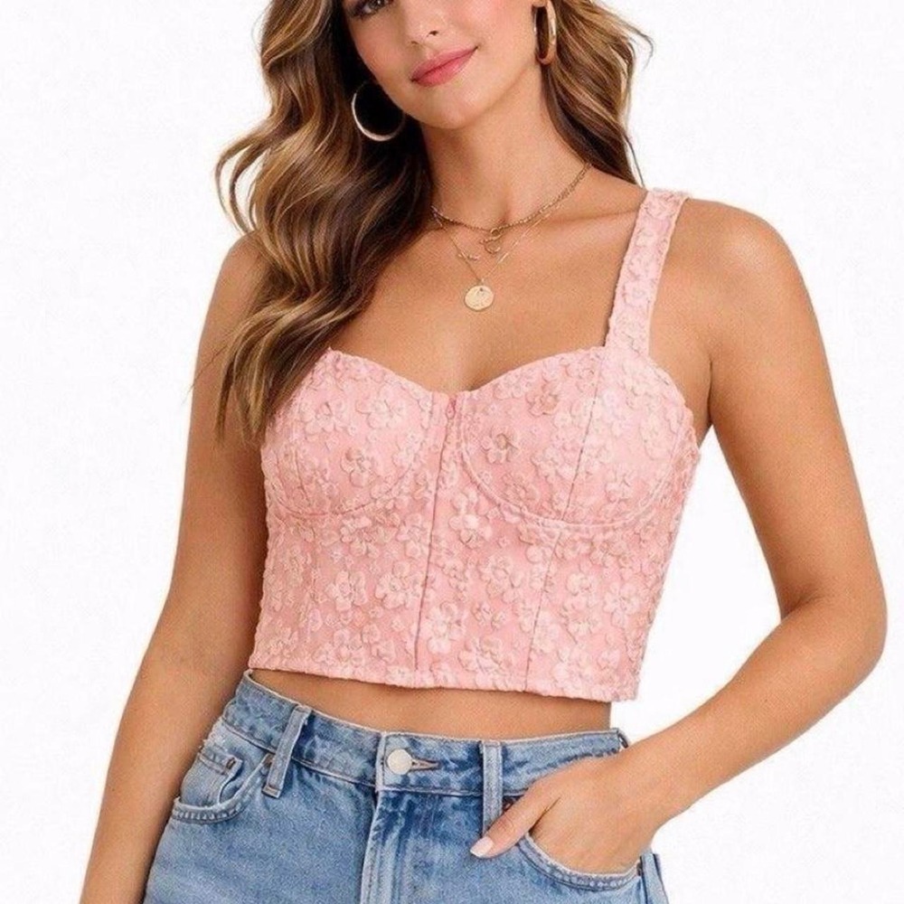 Delicate Femininity, Chic, Romantic Wild Fable pink floral lace corset top